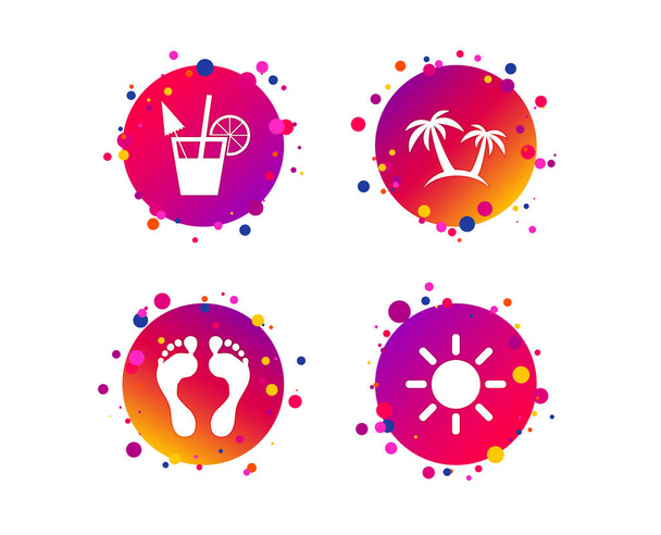 Beach holidays icons. Cocktail, human footprints and palm trees signs. Summer sun symbol. Gradient circle buttons with icons. Random dots design. Vector - Vector, Image