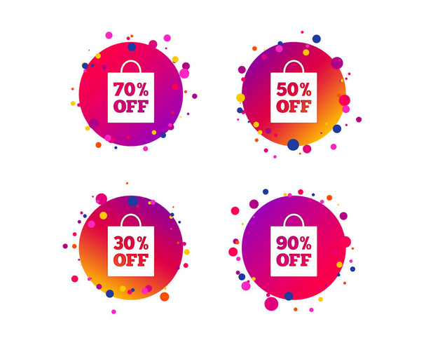 Sale bag tag icons. Discount special offer symbols. 30%, 50%, 70% and 90% percent off signs. Gradient circle buttons with icons. Random dots design. Vector - Vektor, obrázek