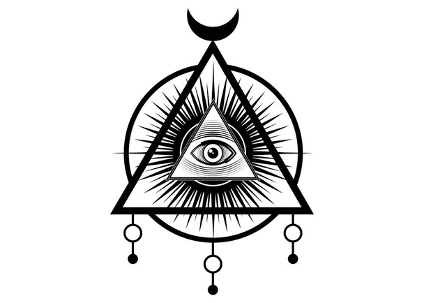 Священный масонский символ. Все видя глаз, третий глаз (Око Провидения) внутри треугольной пирамиды. Новый мировой порядок. Ручная алхимия, религия, духовность, оккультизм. Вектор изолированный или белый  - Вектор,изображение