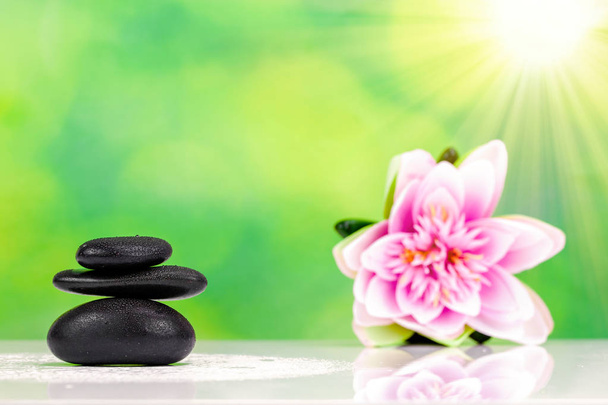 balancierte Zen-Steine mit Wassertropfen und Seerosen auf grünem Bokeh-Hintergrund. Fokus auf Stein - Foto, Bild