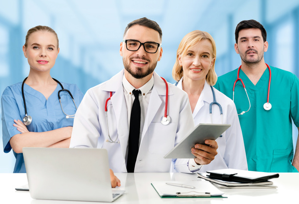 Healthcare people group. Professional doctor working in hospital office or clinic with other doctors, nurse and surgeon. Medical technology research institute and doctor staff service concept. - 写真・画像