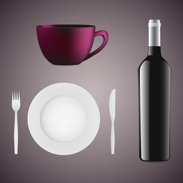 şişe şarap, fincan, tabak ve çatal bıçak takımı. - Vektör, Görsel