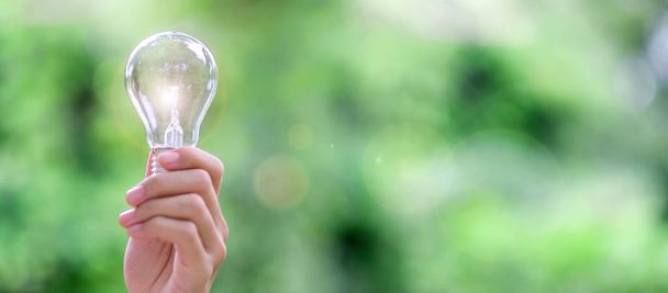 Hand met lampje met groene achtergrond. Nieuw idee, Creative, genie, innovatie en zonne-energie begrippen - Foto, afbeelding