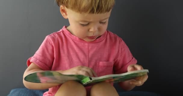 mały chłopiec czytanie książki opowieści - Materiał filmowy, wideo