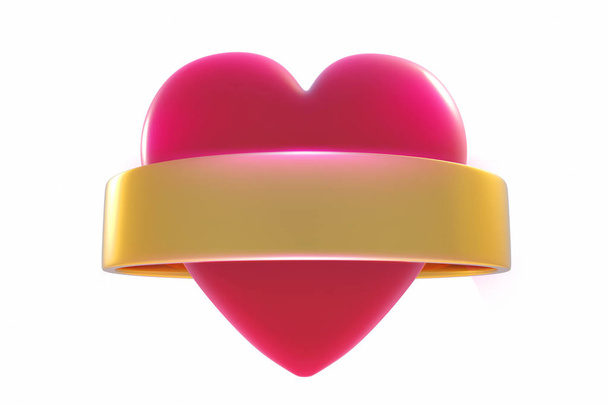 3D рендеринг сердца и золотое кольцо изолированы на белом фоне. - Фото, изображение