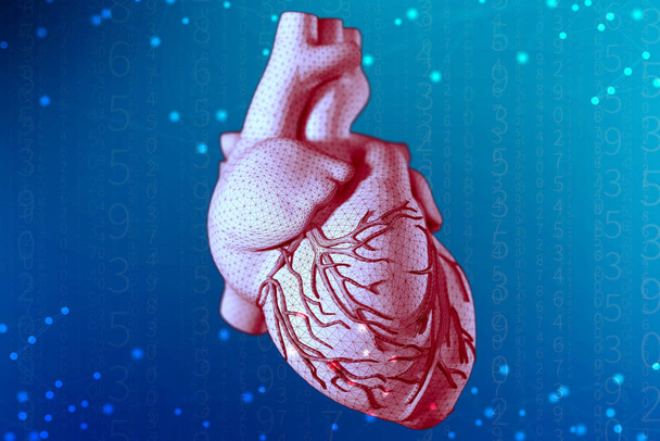 3D απεικόνιση της ανθρώπινης καρδιάς με μοντελοποίηση σε αφηρημένη φουτουριστικό φόντο μπλε η υφή του διχτυού. Έννοια των ψηφιακών τεχνολογιών στην ιατρική - Φωτογραφία, εικόνα