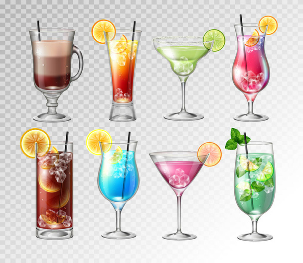 Set of Realistic cocktails  on transparent background. Vector illustration - Vettoriali, immagini