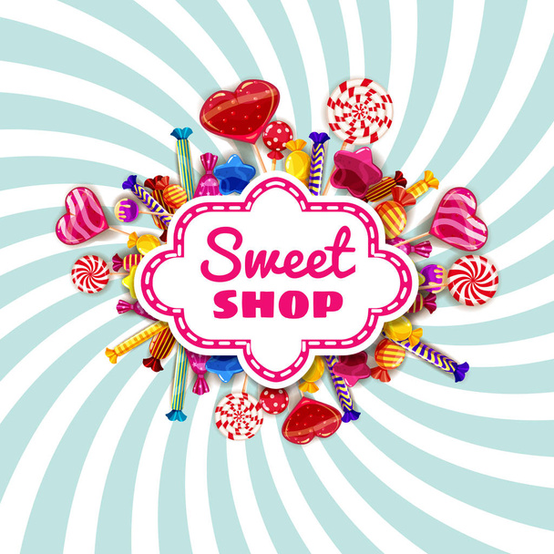 Conjunto de plantillas Candy Sweet Shop de diferentes colores de dulces, dulces, dulces, dulces de chocolate, caramelos de gelatina con chispas, dulces en espiral de colores. Fondo, cartel, pancarta, aislado, estilo de dibujos animados - Vector, Imagen