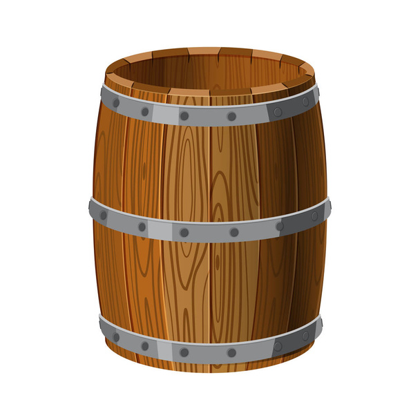 Open barrel wooden with metal stripes, for alcohol, wine, rum, beer and other beverages, or treasures, gunpowder. Isolated on white background. Vector illustration. Cartoon style. - Vektor, kép