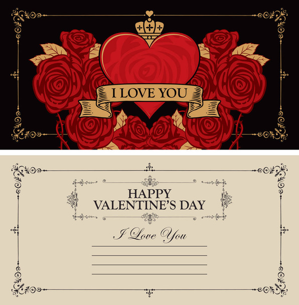 Két oldalán egy Valentin kártya vagy képeslapot egy piros szív és a rózsa. Romantikus vektor képeslap, vintage stílusú, szöveg, boldog Valentin-nap szót és kalligrafikus felirat szeretlek - Vektor, kép