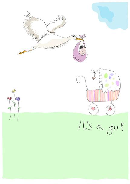 Storch trägt ein Baby. Neue Geburtsankündigung. Es ist ein Mädchen. Vektor-Illustration von einem Kind. - Vektor, Bild