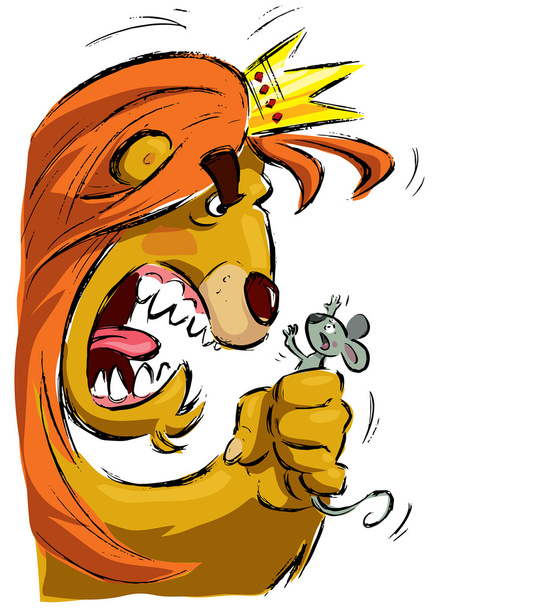 Cartoon lion holding a mouse frightening it - Vector, Image