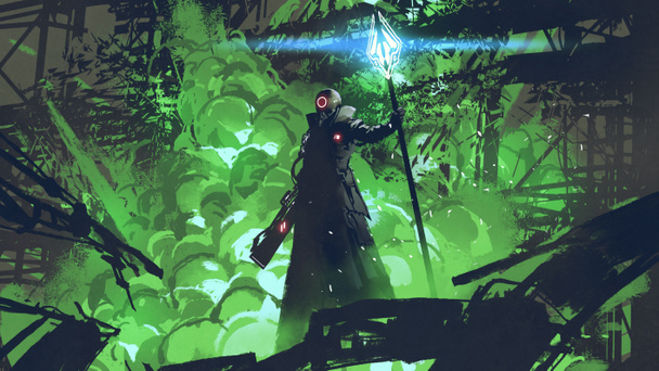 personaje de ciencia ficción en capa negra con lanza de luz de pie contra la explosión verde, estilo de arte digital, pintura de ilustración
 - Foto, imagen