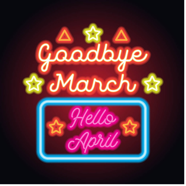 Αντίο Γεια σας Μάρτιο Απρίλιο άνοιξη σημάδι κείμενο με σκελετό, διανυσματικά εικονογράφηση - Διάνυσμα, εικόνα