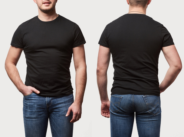 cropped view of man with hand in pocket in basic black t-shirt with copy space isolated on white - Fotografie, Obrázek