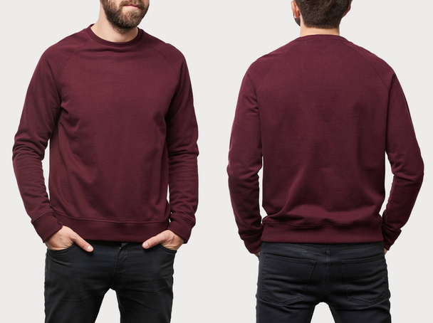 collage of man in burgundy sweatshirt with copy space isolated on white - Photo, Image