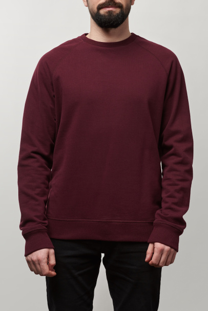 partial view of man in casual burgundy sweatshirt with copy space isolated on grey - Фото, изображение