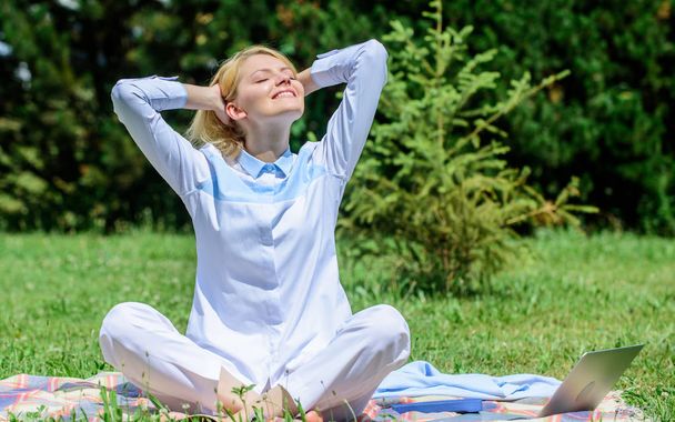 Reasons you should meditate every day. Clear your mind. Girl meditate on rug green grass meadow nature background. Find minute to relax. Woman relaxing practicing meditation. Every day meditation - Photo, Image