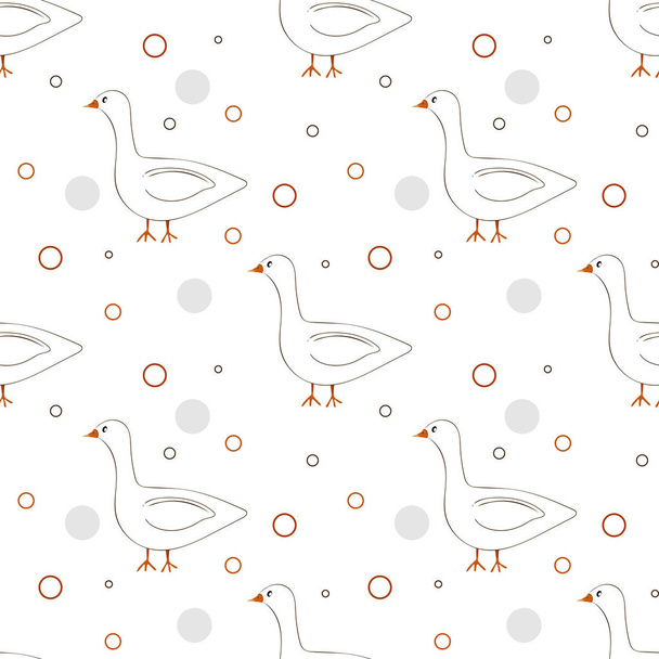 white birds goose, duck, swan with orange beacks and long necks in flat hand-drawn style, seamless vector pattern backgroun - Вектор,изображение