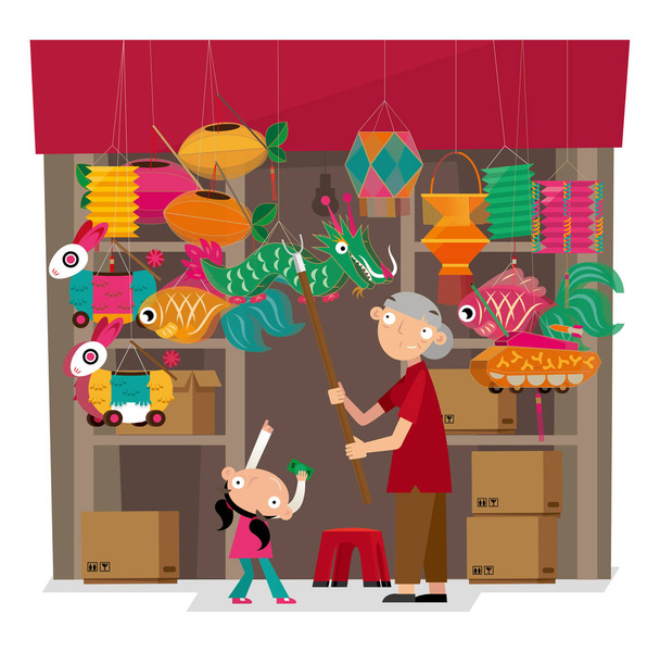 Ilustración vectorial de la tienda de ofertas en papel en Hong Kong. Durante el Festival de la Linterna China, cuelga variedades de linternas en la tienda
. - Vector, imagen