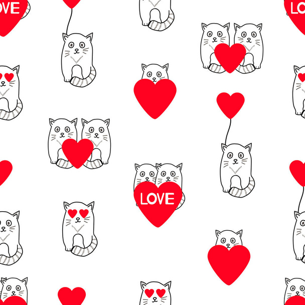 Seamless pattern with cute cats and hearts. Vector illustration - Vector, afbeelding