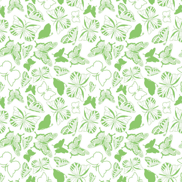 Textura de silueta de mariposa fresca verde primavera sobre fondo blanco. Patrón de vector sin fisuras. Ideal para la decoración del hogar, papelería, moda
. - Vector, imagen