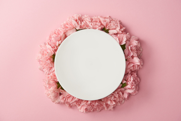 κάτοψη του στρογγυλό λευκό πιάτο και όμορφα ροζ λουλούδια που απομονώνονται σε ροζ φόντο - Φωτογραφία, εικόνα