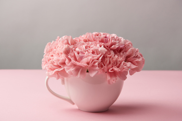 Nahaufnahme von schönen rosa Nelkenblüten in Tasse auf grau   - Foto, Bild