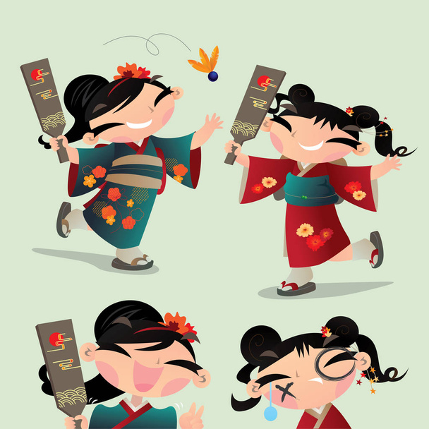 Vektor-Illustration zweier japanischer Kinder, die Schlachtdore und Federball spielen. Es ist ein beliebtes Spiel, das von Mädchen zum japanischen Neujahr gespielt wird. Verlierer wird bestraft, indem er Tintenflecken ins Gesicht bekommt. - Vektor, Bild