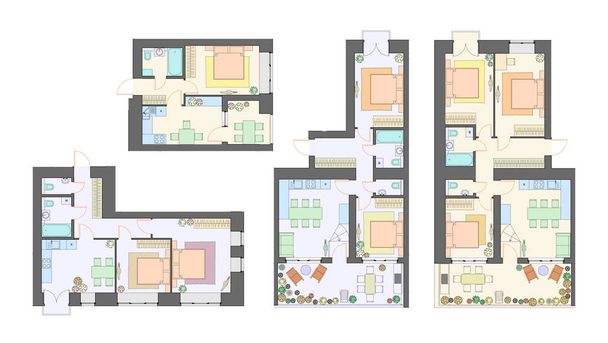 Ensemble vectoriel d'appartements meublés, arrière-plan architectural, vue de dessus
 - Vecteur, image