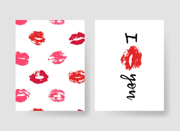 Set di modelli per carte romantiche. Disegnato a mano illustrazione moda rossetto bacio. Femmina modelli vettoriali opuscoli con labbra. Attuale design artistico di San Valentino
  - Vettoriali, immagini