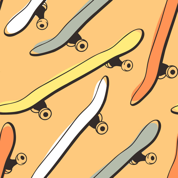 Hand drawn seamless pattern with skateboard. Artistic doddle background. Vector creative ink art work. Fashion illustration skat - Vector, imagen