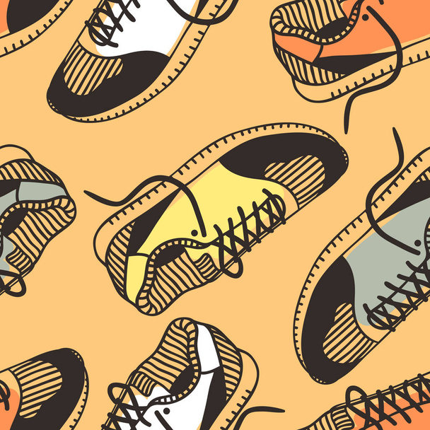 Hand drawn fashion illustration sneakers. Creative ink art work. Actual vector seamless pattern with shoes - ベクター画像