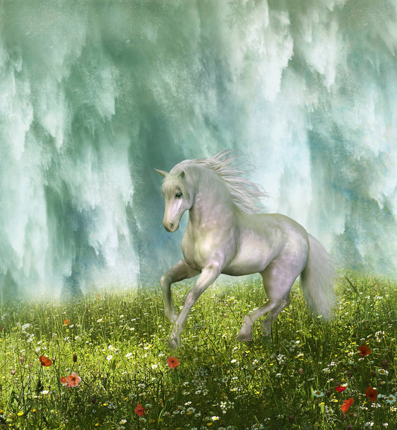 Valkoinen hevonen juoksee preerian läpi ja vesiputous taustalla. 3D-renderointi
 - Valokuva, kuva