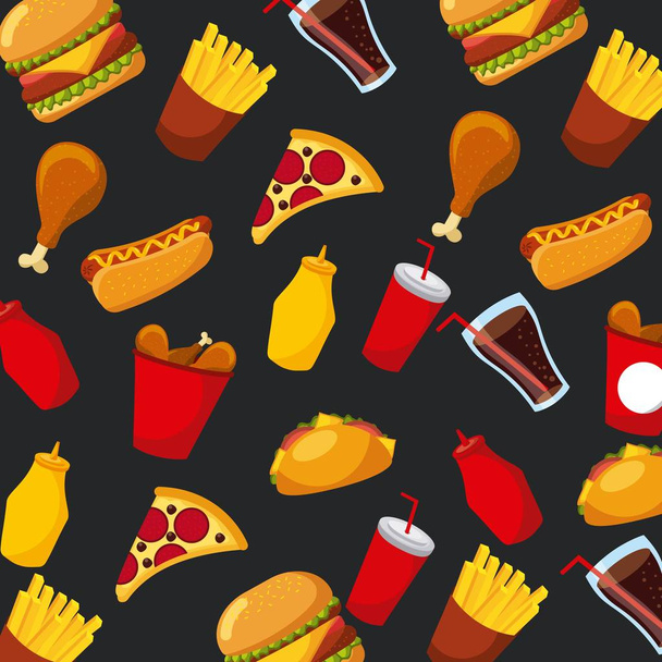 comida rápida pizza hot dog soda salsa patrón sin costuras
 - Vector, Imagen