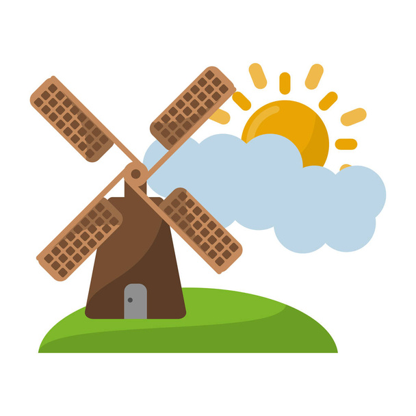 windmolen op natuur met cloud en zon - Vector, afbeelding