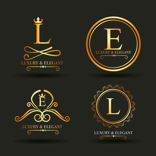 conjunto de insignias de oro de lujo y pegatinas real florece adorno caligráfico fondo negro
 - Vector, Imagen