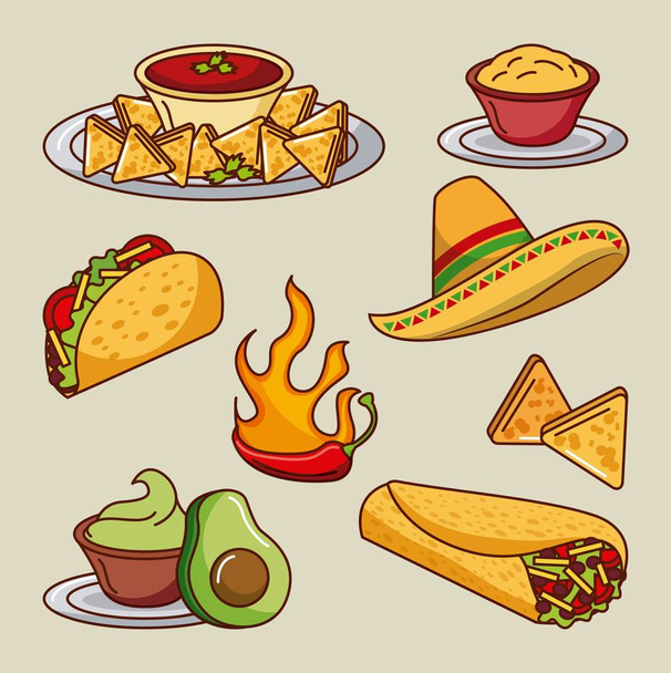 mexické jídlo sada ikon menu ingrediencí pikantní - Vektor, obrázek