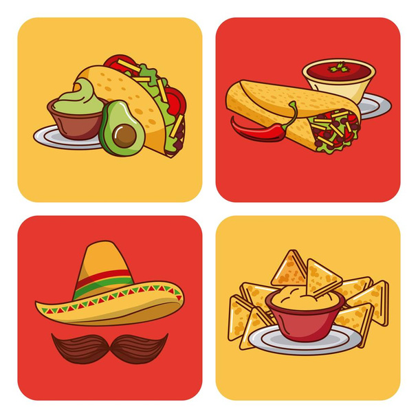 Мексиканская еда набор иконок меню ингредиенты пряные
 - Вектор,изображение