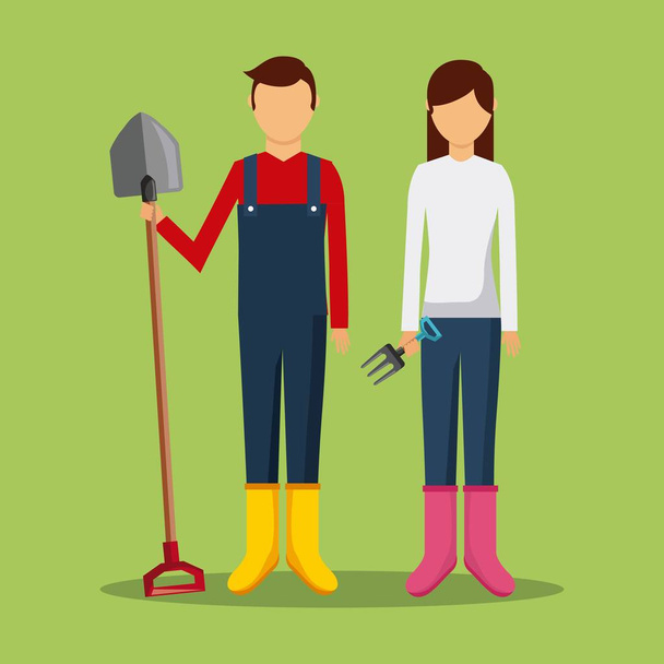 gardeners couple holding shovel and pichfork tools - Vector, Image