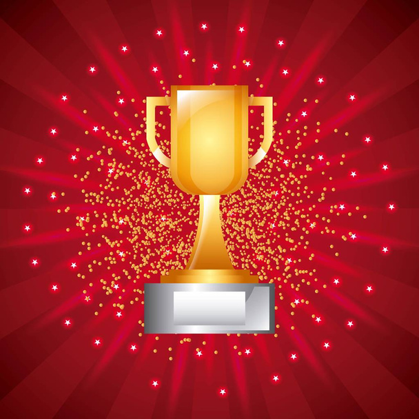 golden trophy cup award prize with pedestal red background - Vector, Image