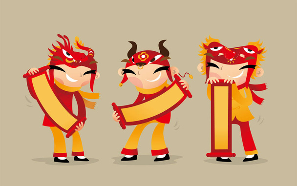 Three Chinese kids holding Chinese greeting scroll to celebrate the Chinese new year coming - Vector, Image