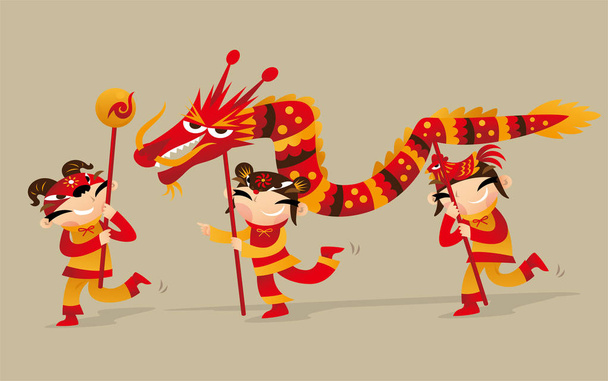 Three Chinese kids playing dragon dance to celebrate the Chinese New Year coming - Вектор, зображення