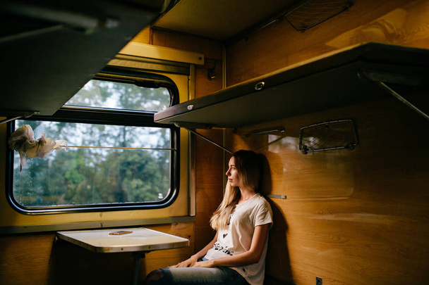 jeune femme aux cheveux longs voyageant en train seule
 - Photo, image