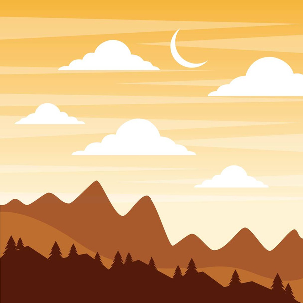 τοπίου ηλιοβασίλεμα στα βουνά μισοφέγγαρο ουρανό σύννεφα - Διάνυσμα, εικόνα