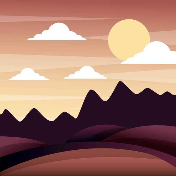 Landschaft Sonnenuntergang in den Bergen Hügel Himmelspanorama - Vektor, Bild