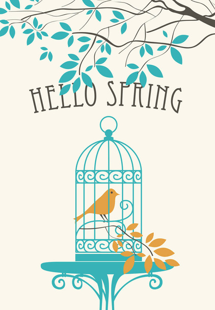 Bannière vectorielle avec lettrage Hello Spring. Paysage printanier avec l'oiseau est dans la cage sur la table sous la branche verte de l'arbre
 - Vecteur, image