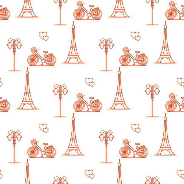 Seamless pattern with famous tower, bicycle, lantern, hearts. Travel and leisure. Valentine's Day. Romantic background. - Vektor, obrázek
