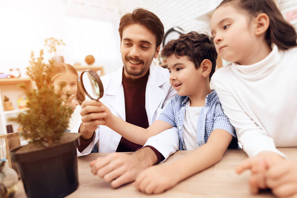 Children together with the teacher look through a magnifying glass on a plant. - Foto, afbeelding