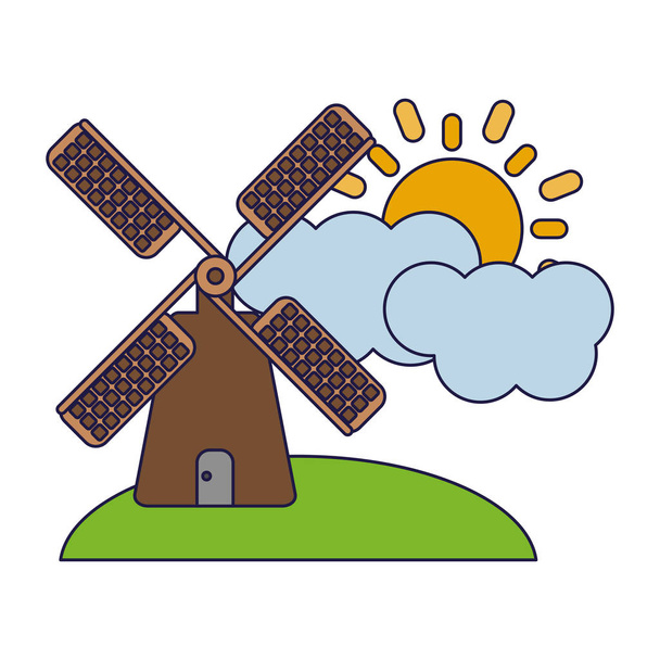 Windmühle in der Natur mit Wolken und Sonne - Vektor, Bild